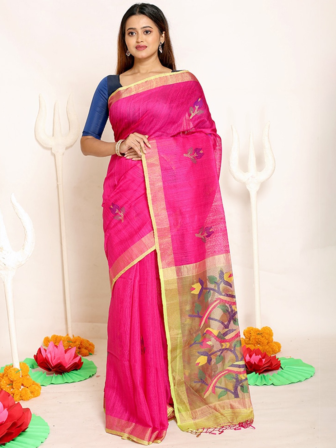 

AllSilks Pink & Gold-Toned Woven Design Zari Pure Silk Saree