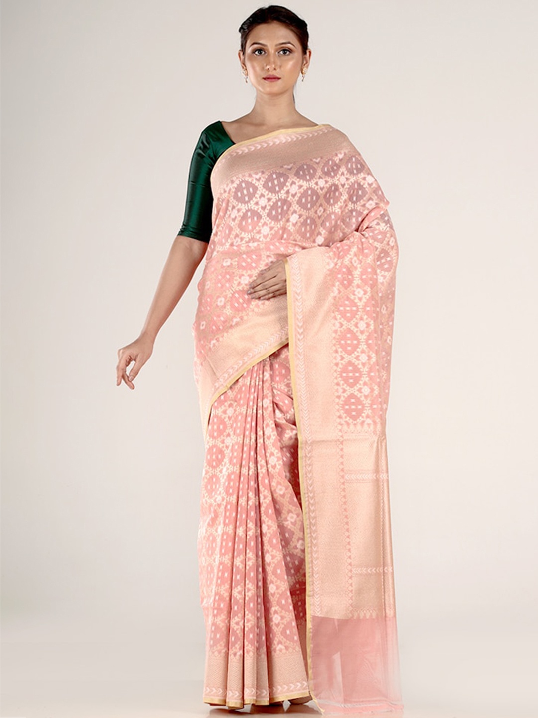 

AllSilks Pink & Gold-Toned Woven Design Zari Silk Cotton Saree