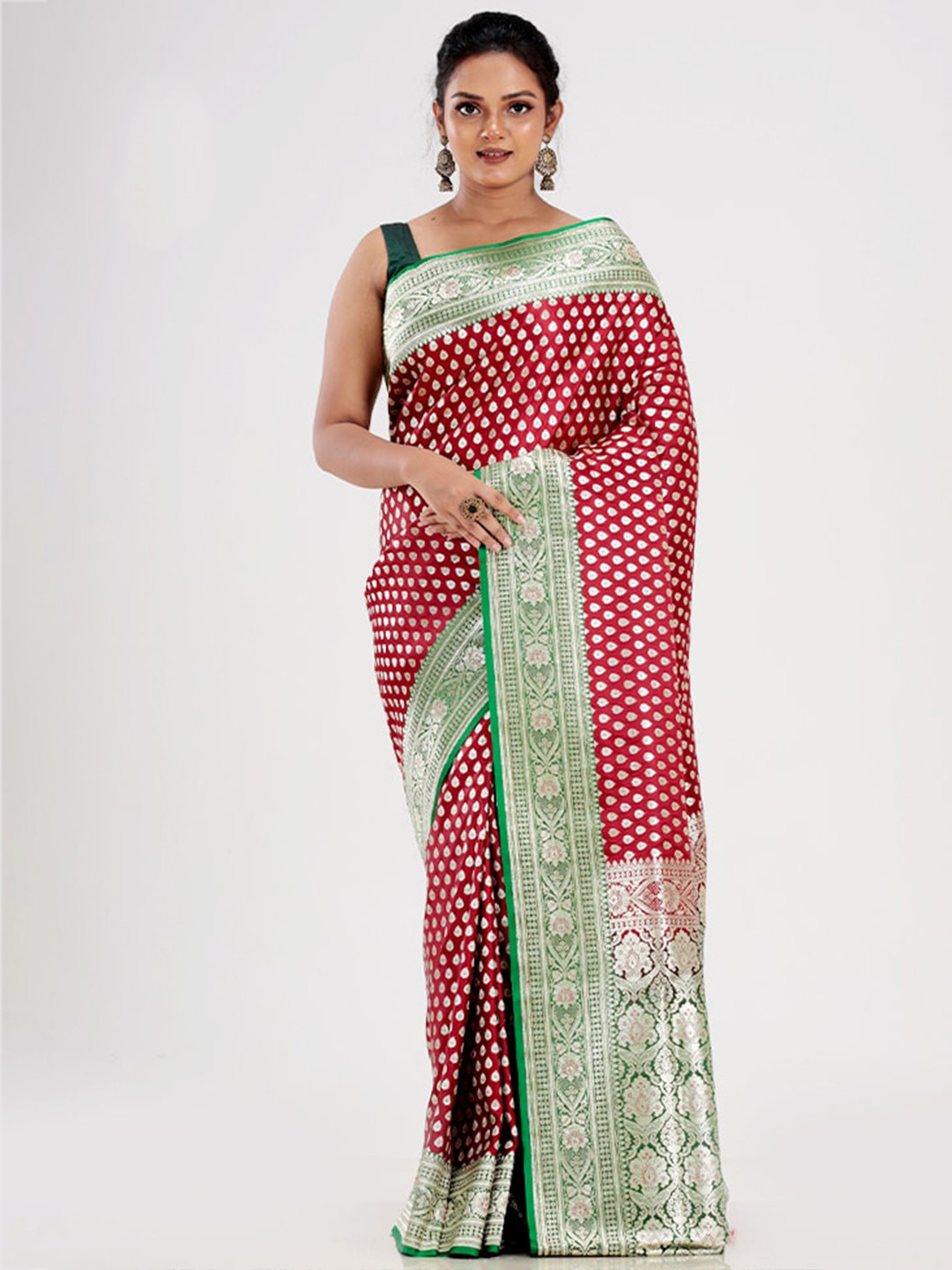 

AllSilks Maroon & Green Woven Design Zari Silk Blend Banarasi Saree