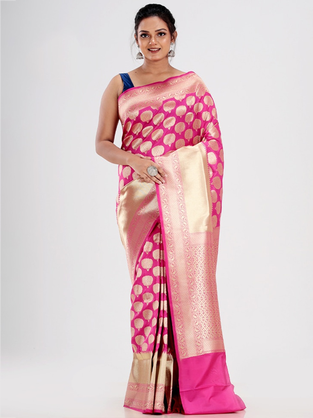 

AllSilks Pink & Gold-Toned Woven Design Zari Silk Blend Uppada Saree