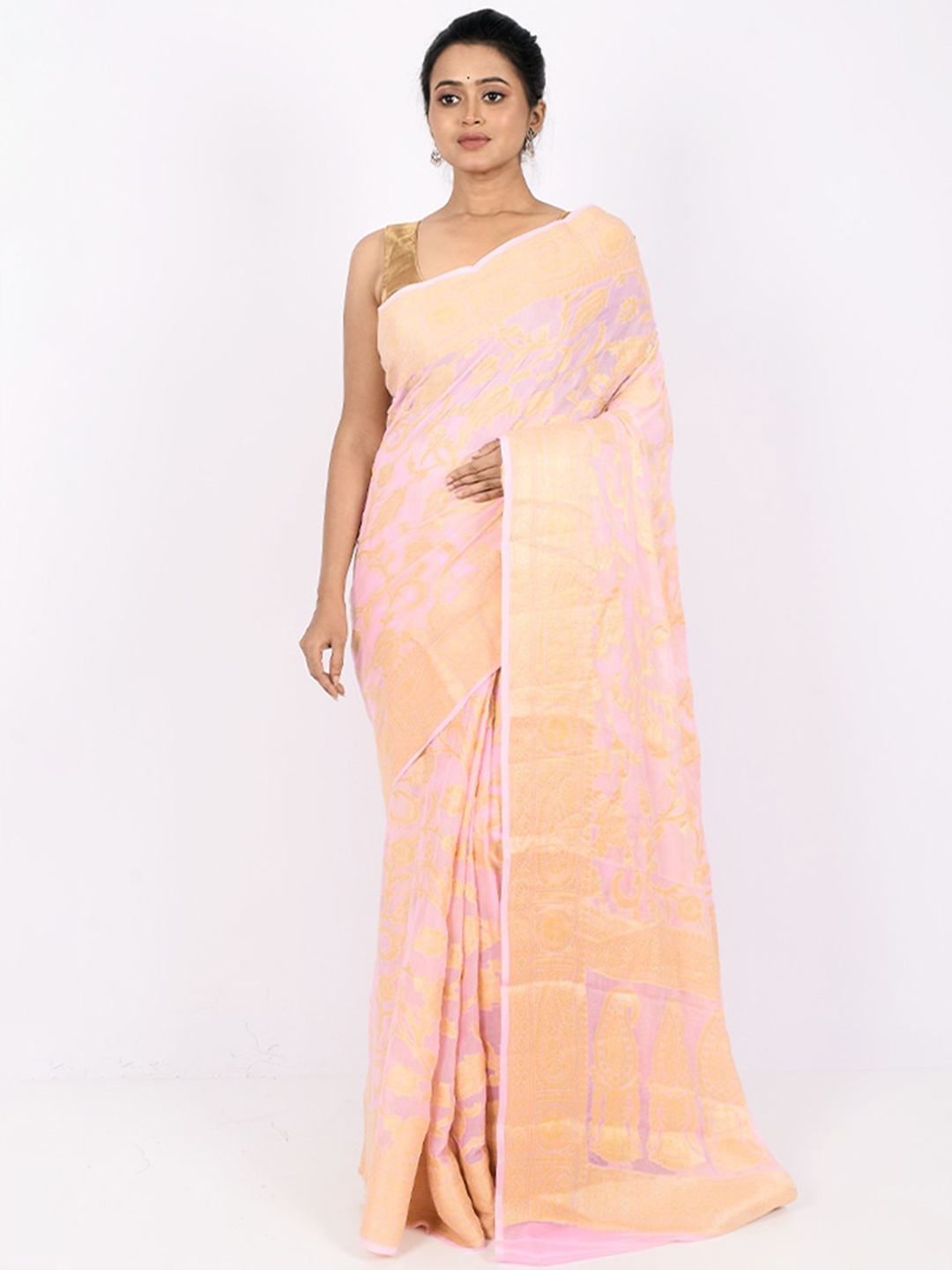 

AllSilks Pink & Orange Woven Design Zari Pure Georgette Saree