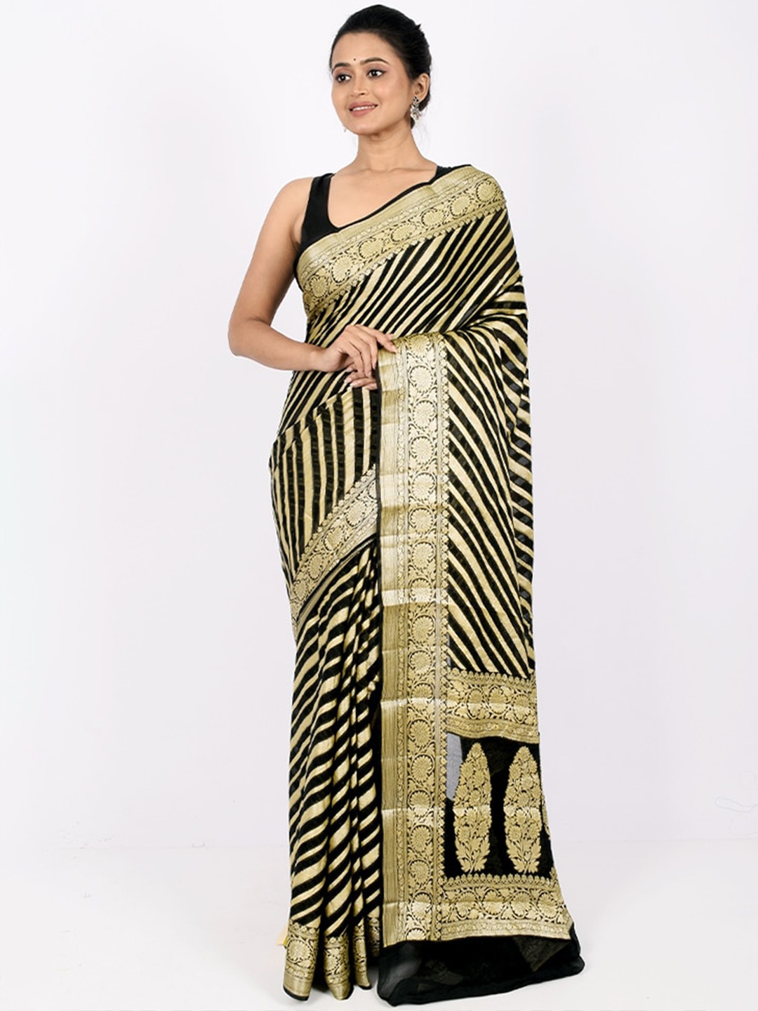 

AllSilks Black & Gold-Toned Striped Zari Pure Georgette Saree
