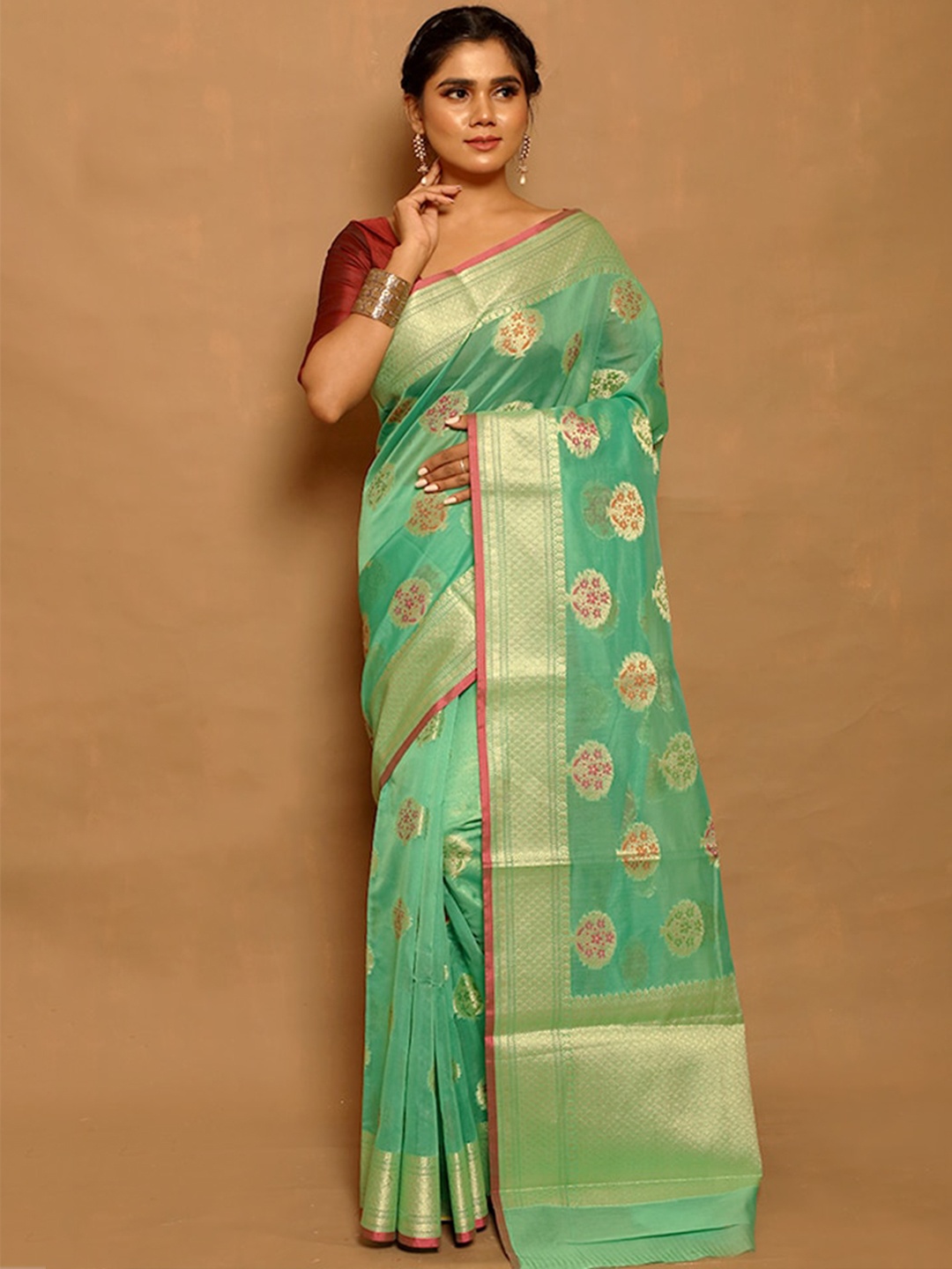 

AllSilks Green & Red Woven Design Zari Silk Cotton Saree