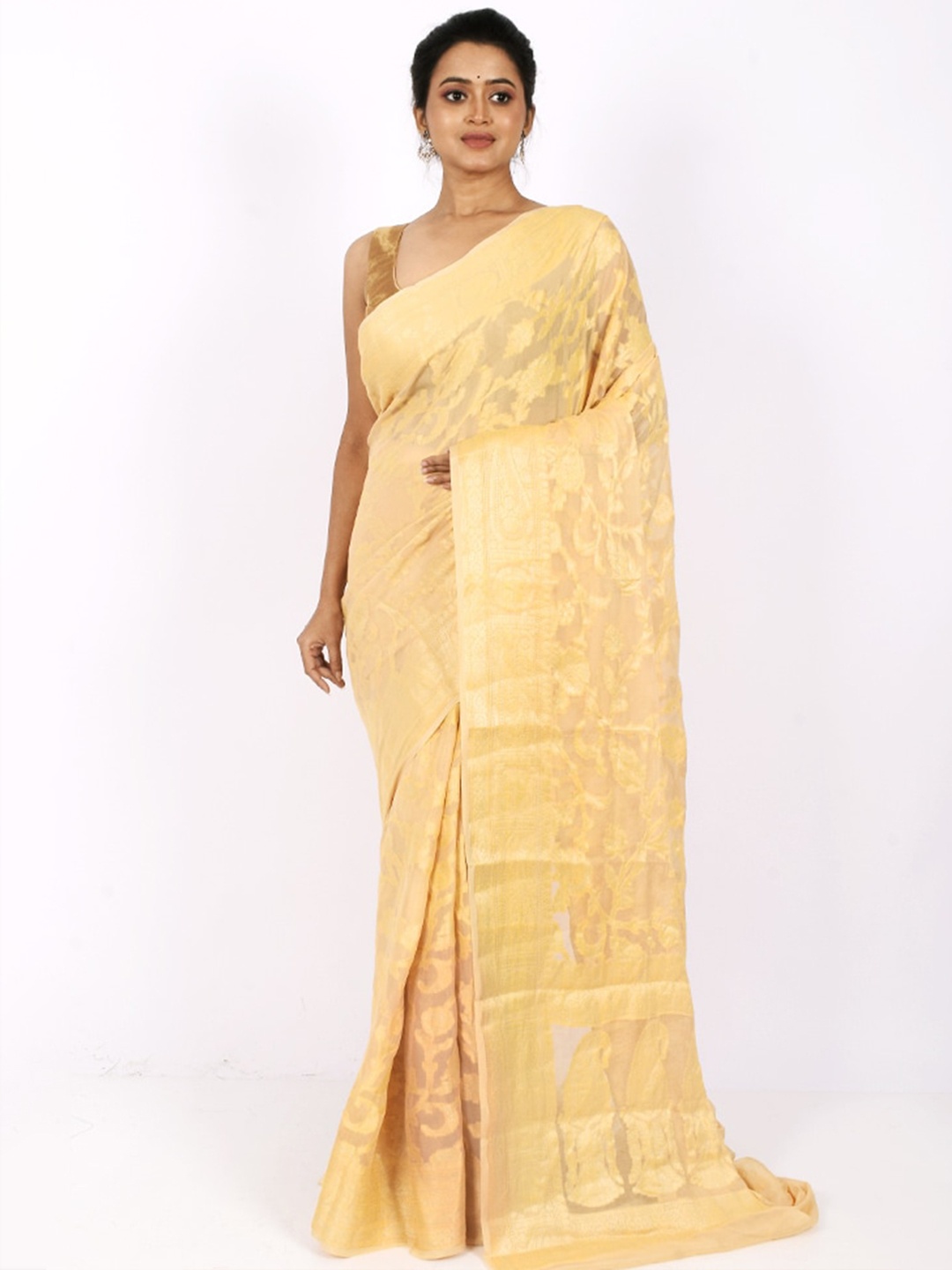 

AllSilks Cream-Coloured Woven Design Zari Pure Georgette Saree
