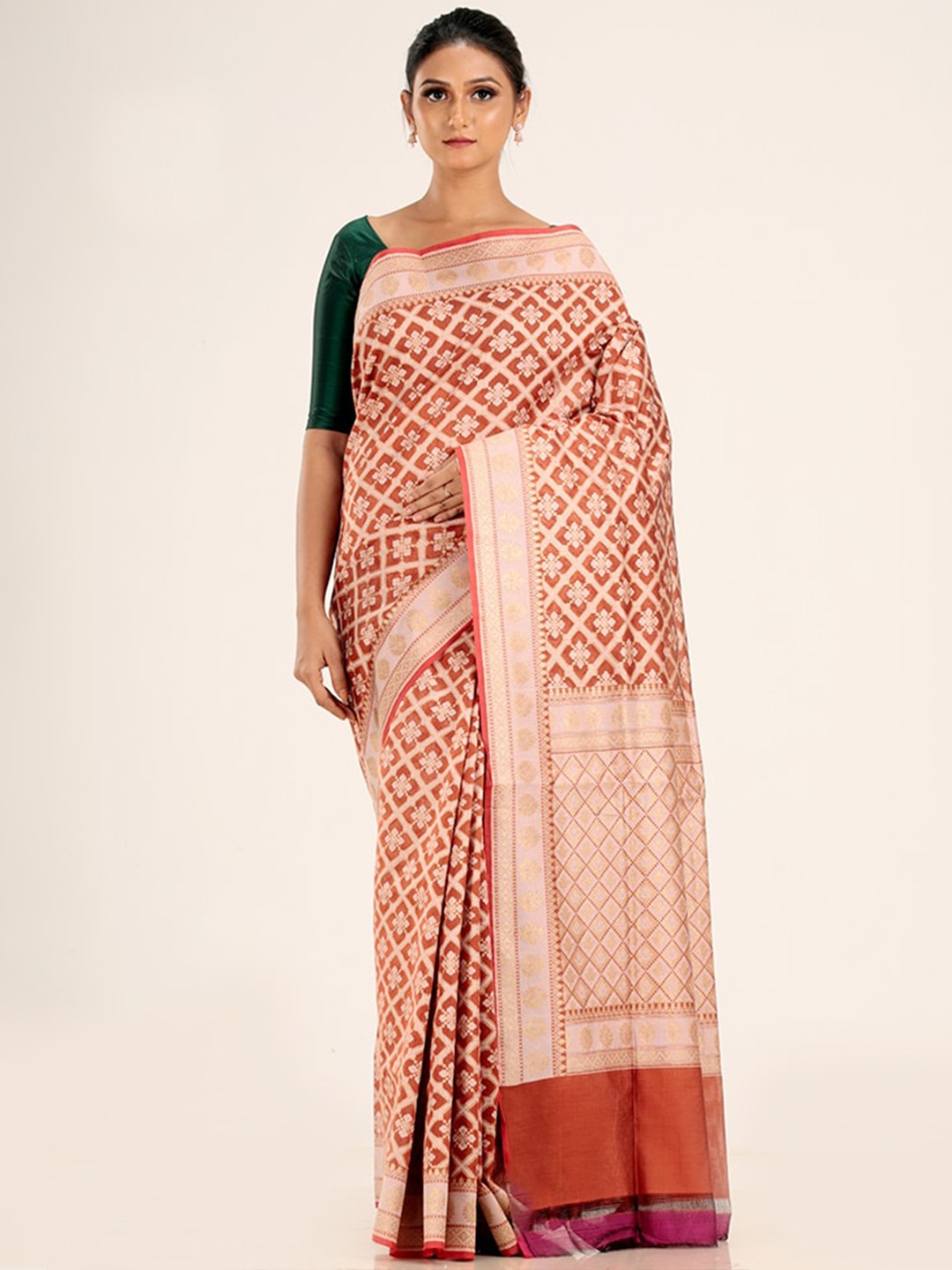 

AllSilks Rust & Red Woven Design Zari Silk Cotton Saree