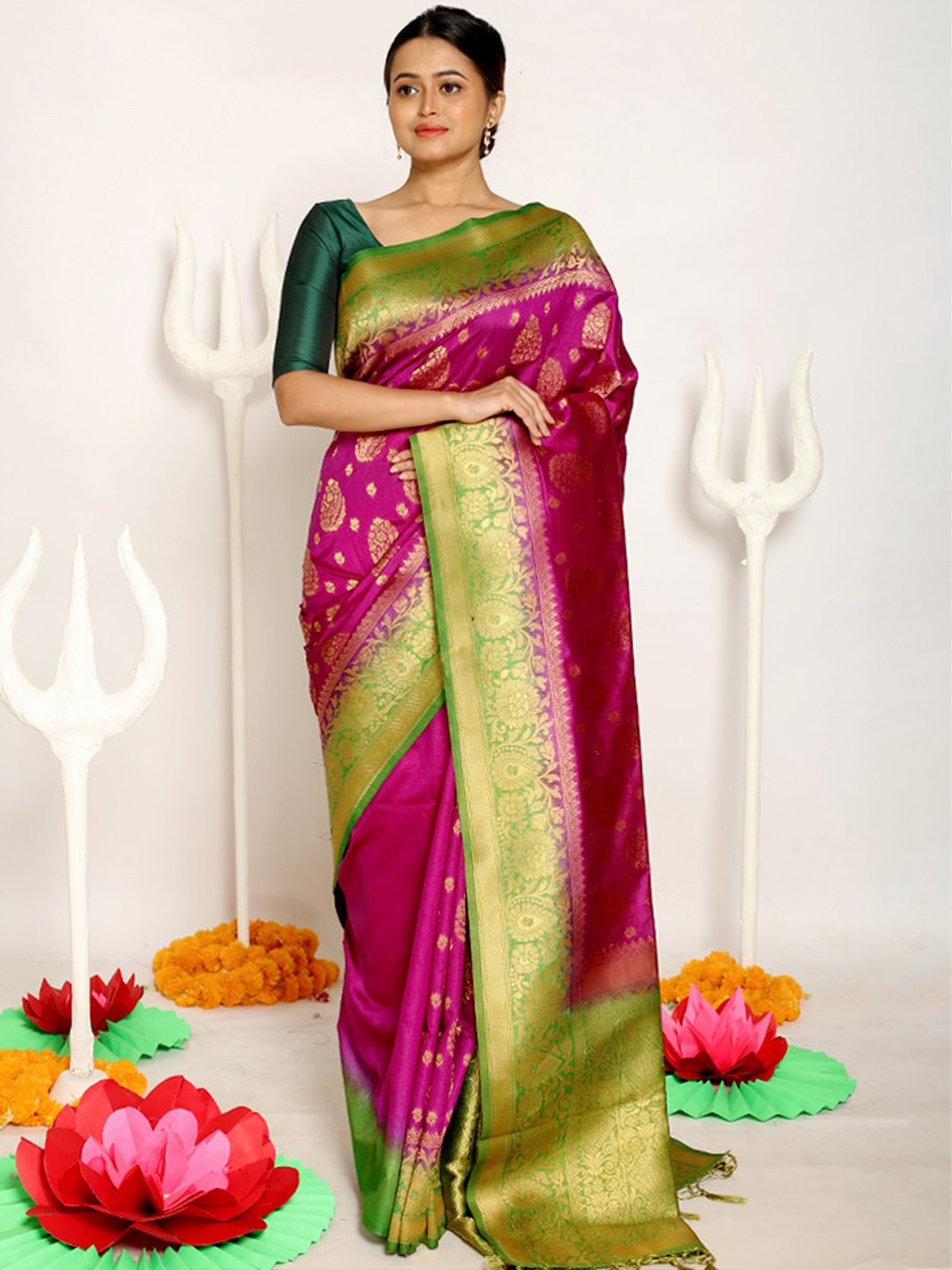 

AllSilks Purple & Green Woven Design Zari Silk Blend Saree