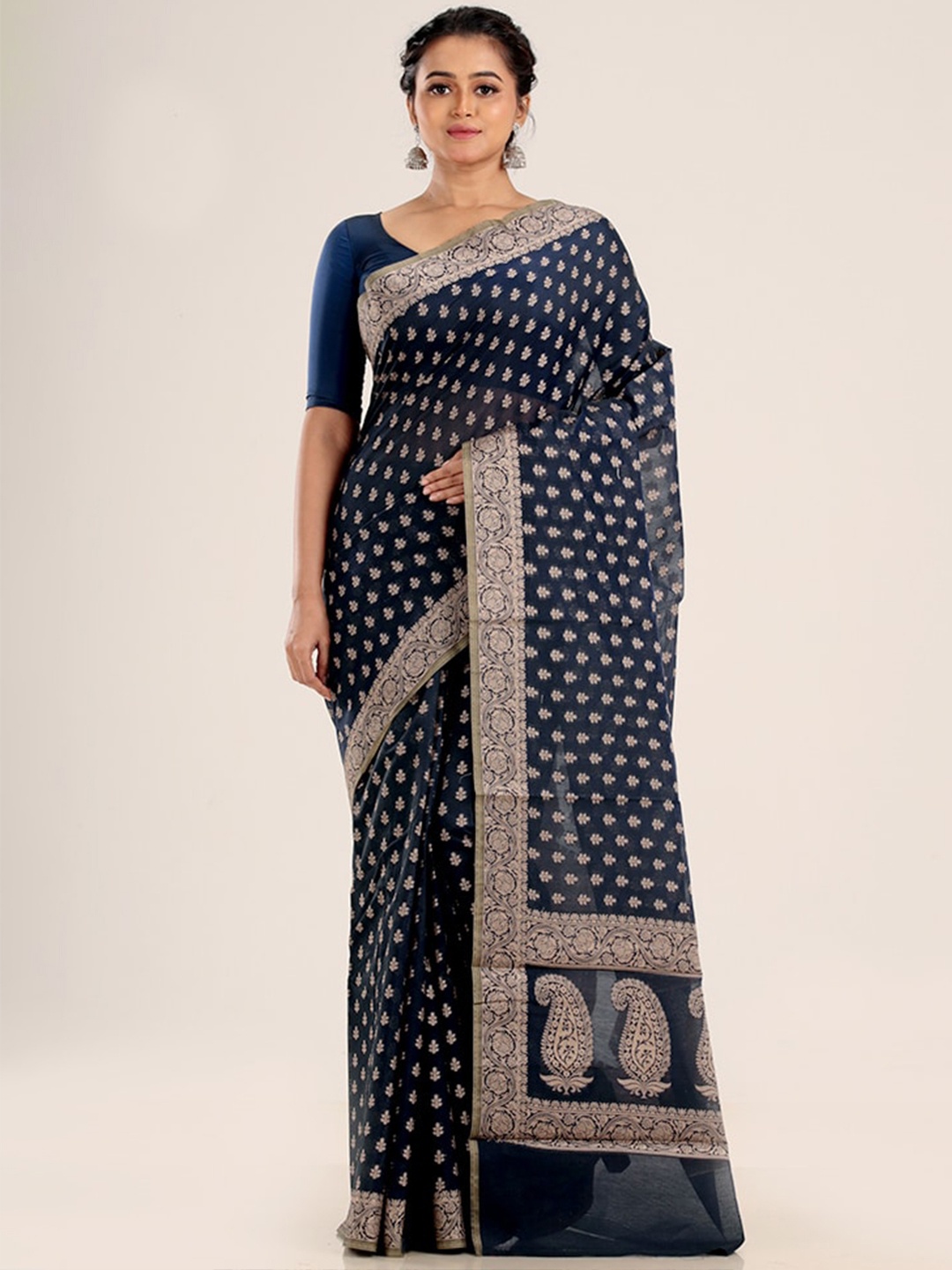 

AllSilks Navy Blue & Gold-Toned Woven Design Zari Silk Cotton Saree