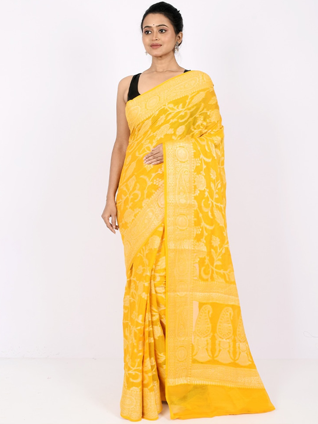 

AllSilks Yellow & Gold-Toned Woven Design Zari Pure Georgette Saree