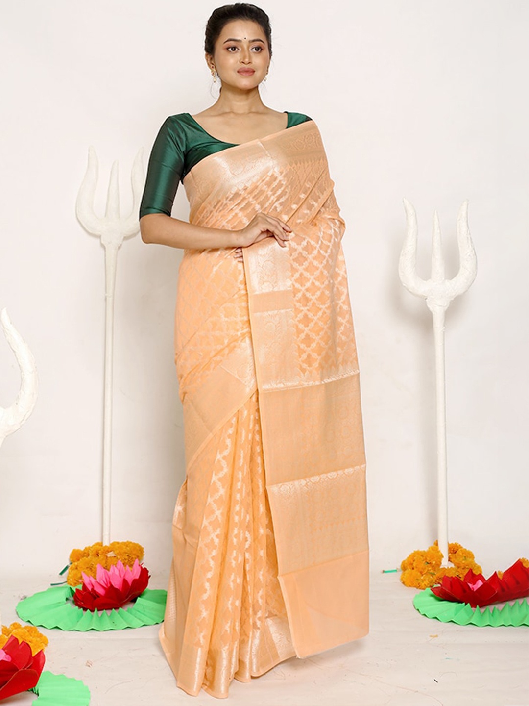 

AllSilks Peach-Coloured & Silver-Toned Woven Design Zari Silk Cotton Saree