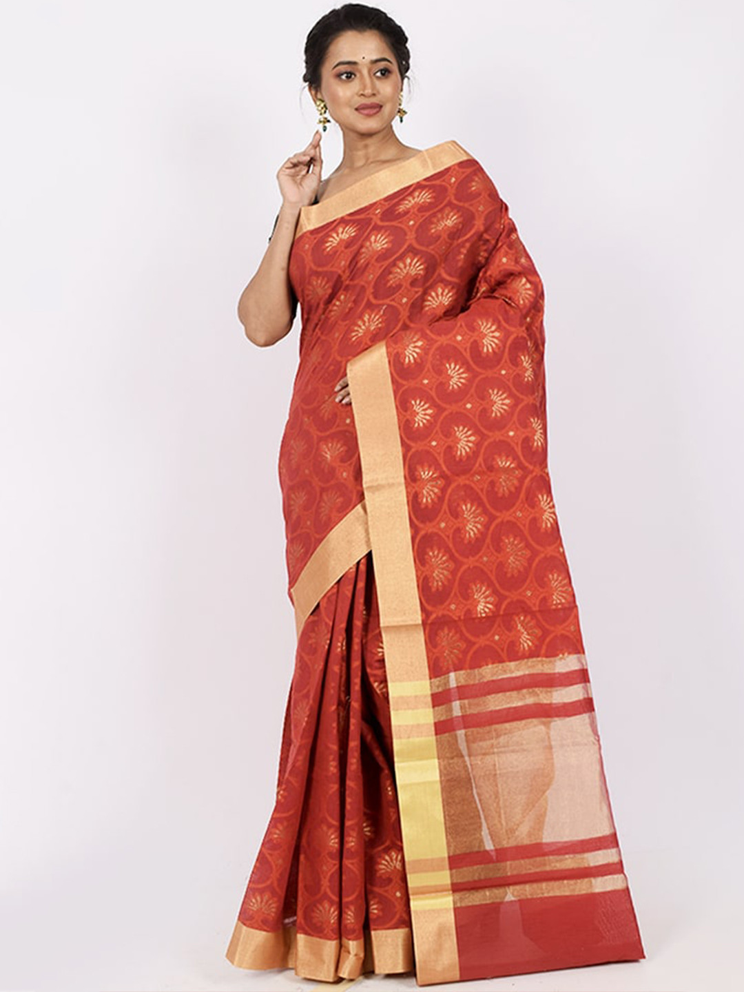 

AllSilks Rust & Gold-Toned Woven Design Zari Silk Cotton Saree
