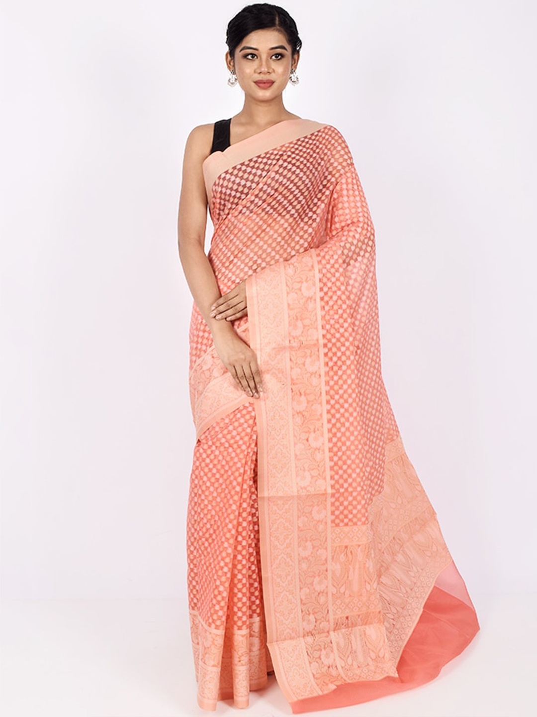 

AllSilks Pink & Gold-Toned Woven Design Zari Silk Cotton Saree