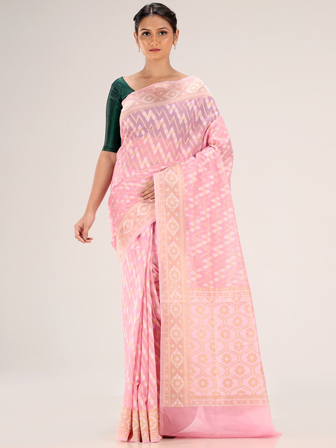 

AllSilks Pink & Gold-Toned Woven Design Silk Cotton Saree