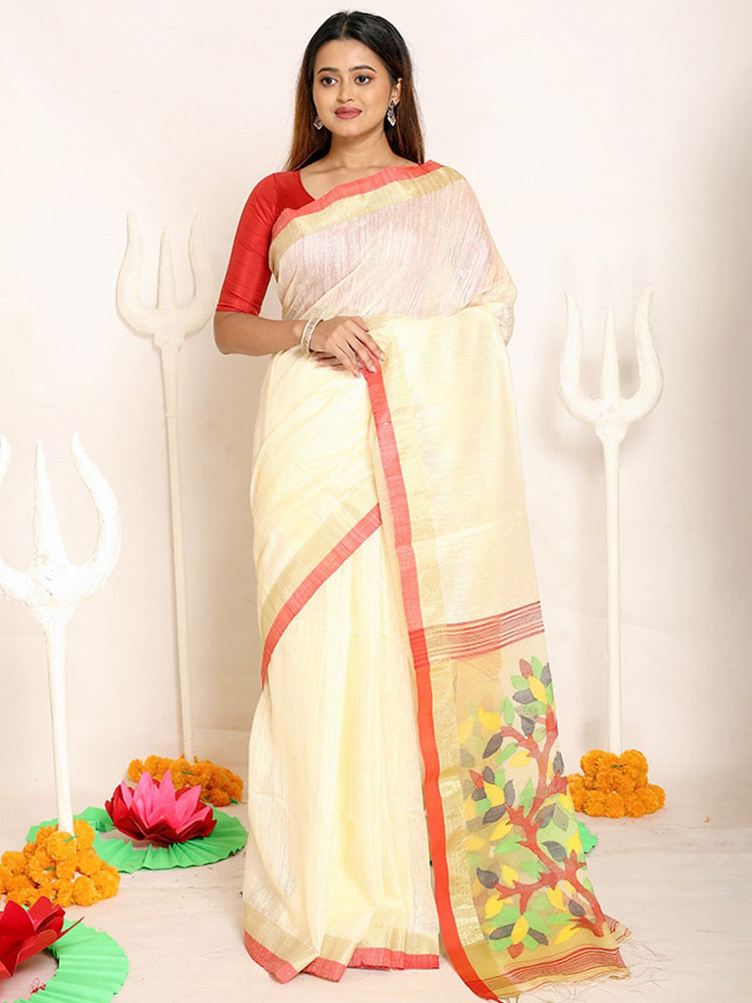 

AllSilks Off White & Green Woven Design Pure Silk Saree