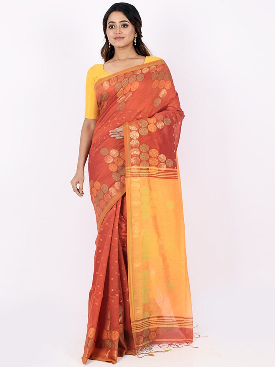 

AllSilks Rust & Gold-Toned Woven Design Zari Silk Blend Saree