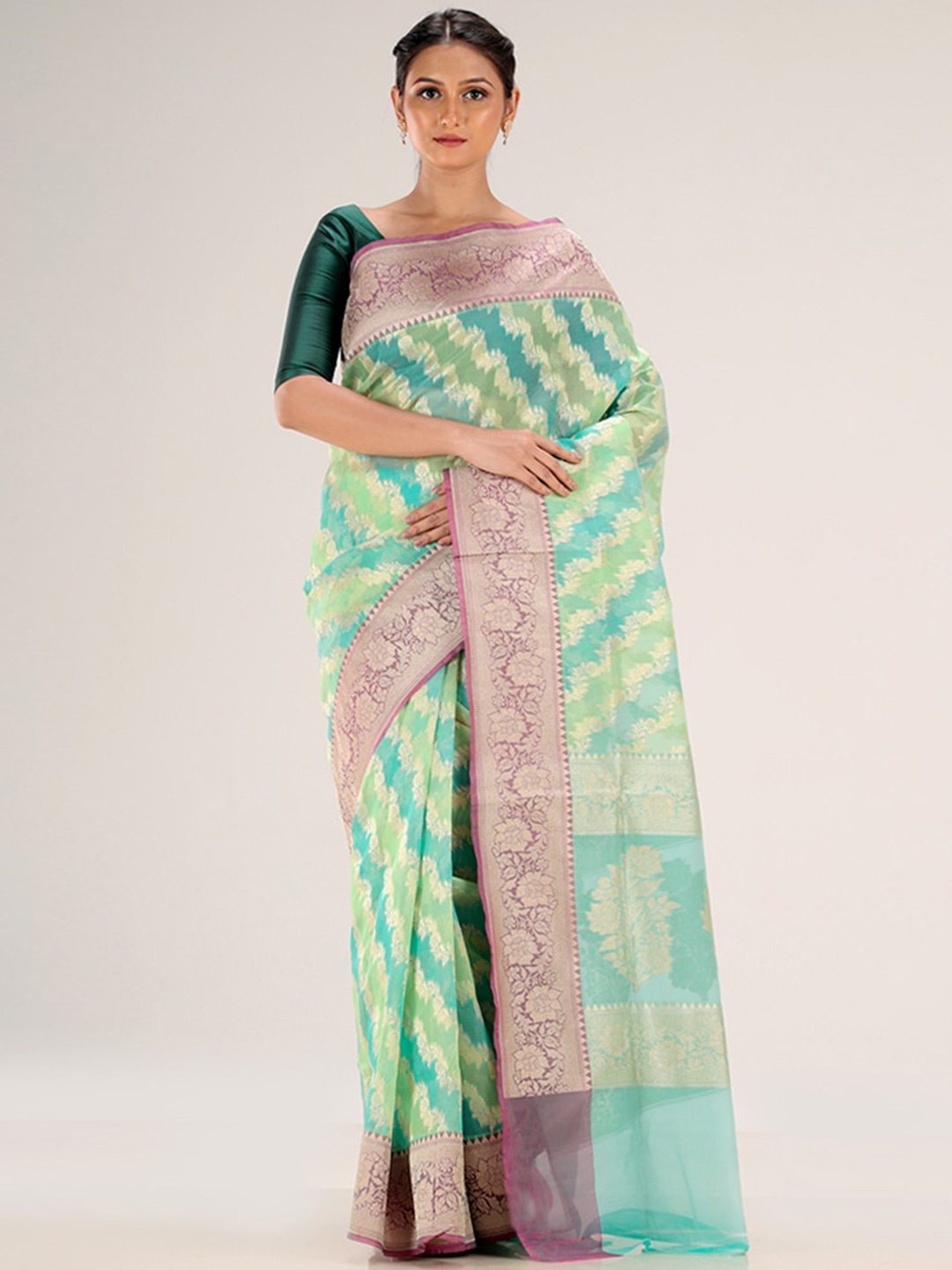 

AllSilks Green & Purple Woven Design Zari Silk Cotton Saree