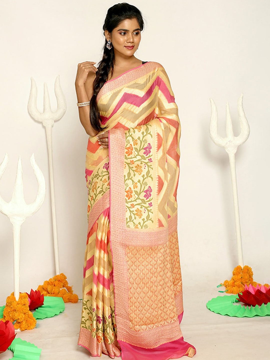 

AllSilks Cream-Coloured & Pink Woven Design Zari Pure Georgette Saree