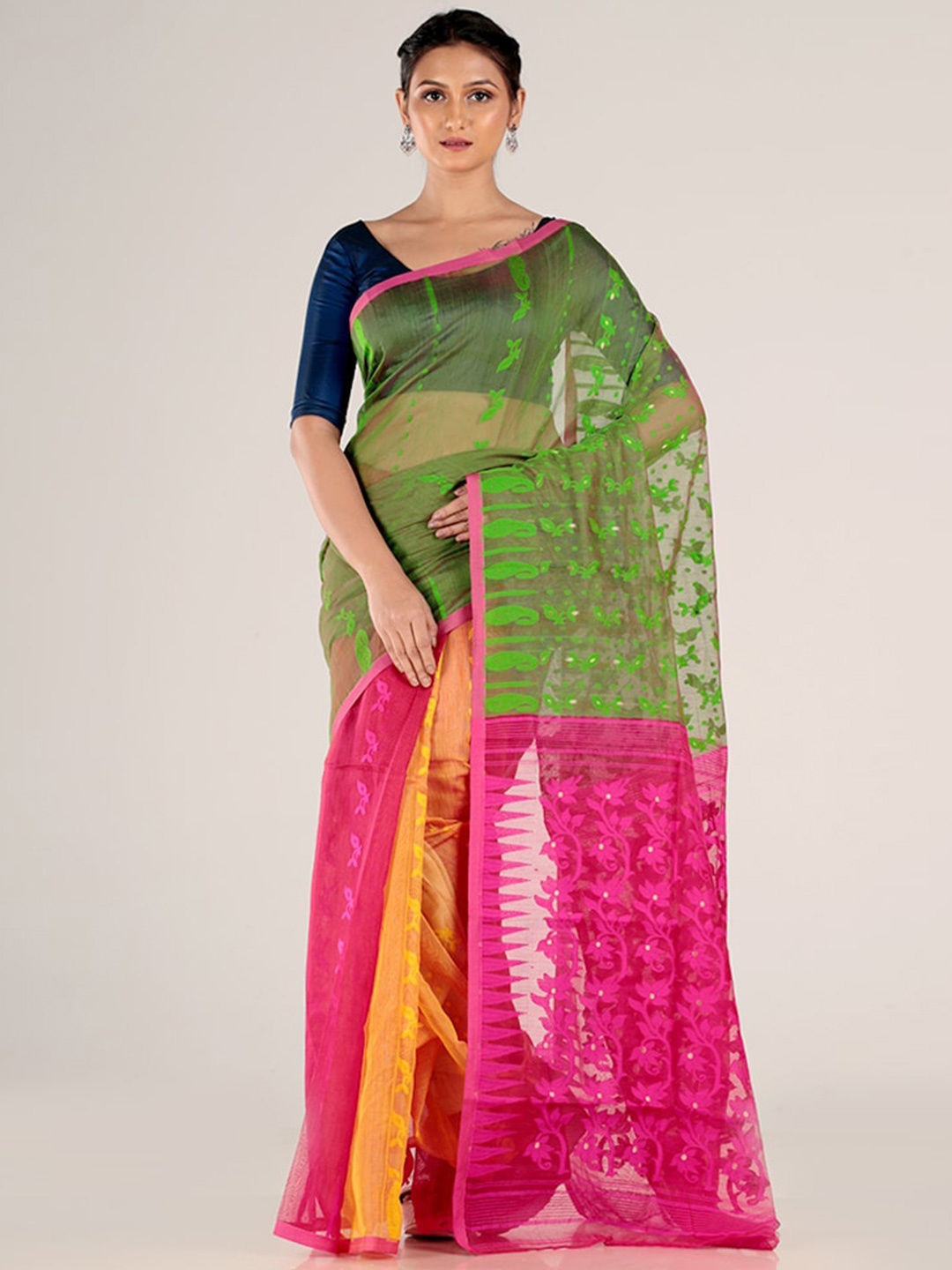 

AllSilks Green & Pink Woven Design Pure Cotton Heavy Work Taant Saree