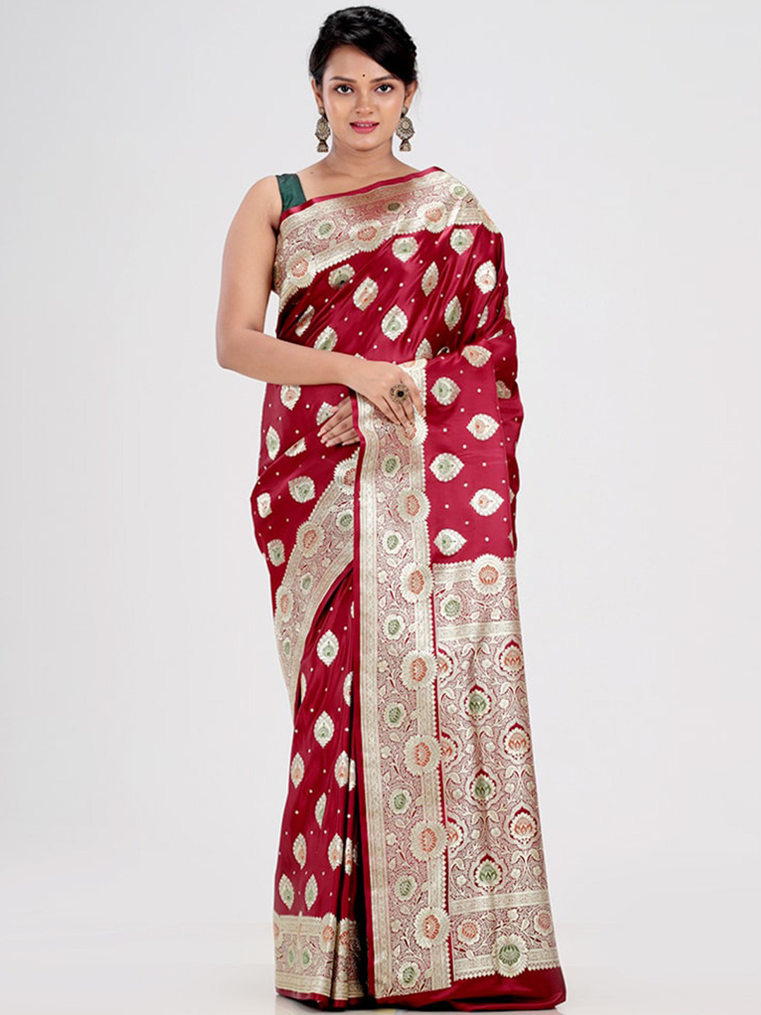 

AllSilks Maroon & Green Woven Design Zari Silk Blend Banarasi Saree