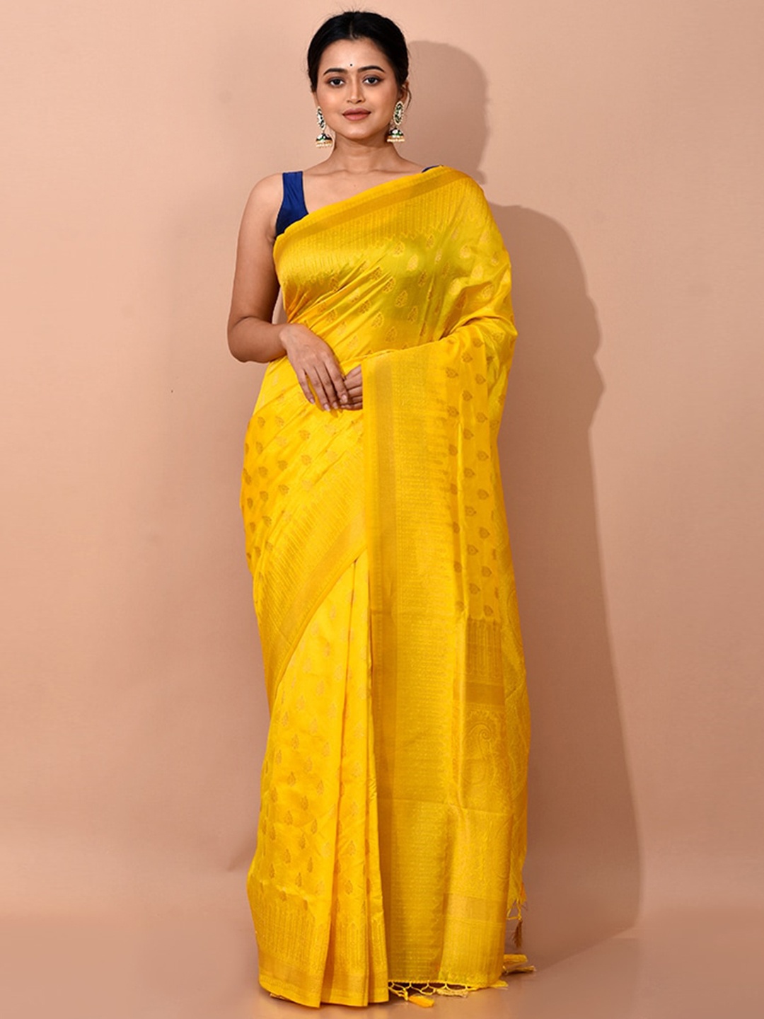 

AllSilks Yellow & Gold-Toned Woven Design Zari Silk Blend Saree