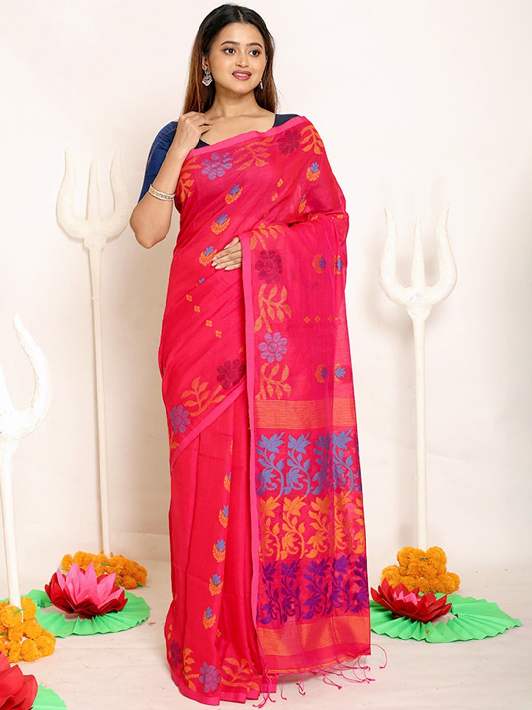 

AllSilks Red & Blue Floral Silk Blend Saree