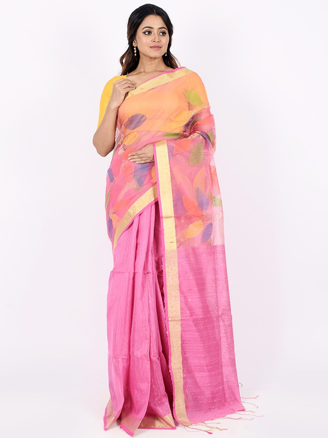 

AllSilks Pink & Yellow Floral Zari Pure Silk Saree