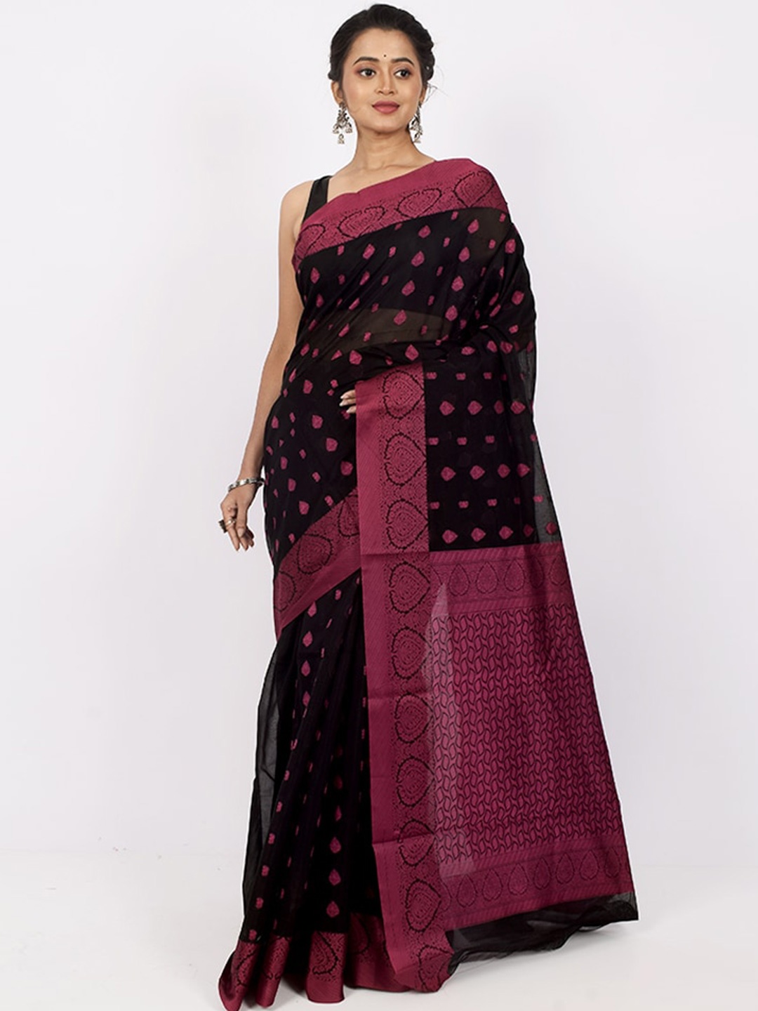 

AllSilks Black & Burgundy Woven Design Zari Pure Cotton Saree