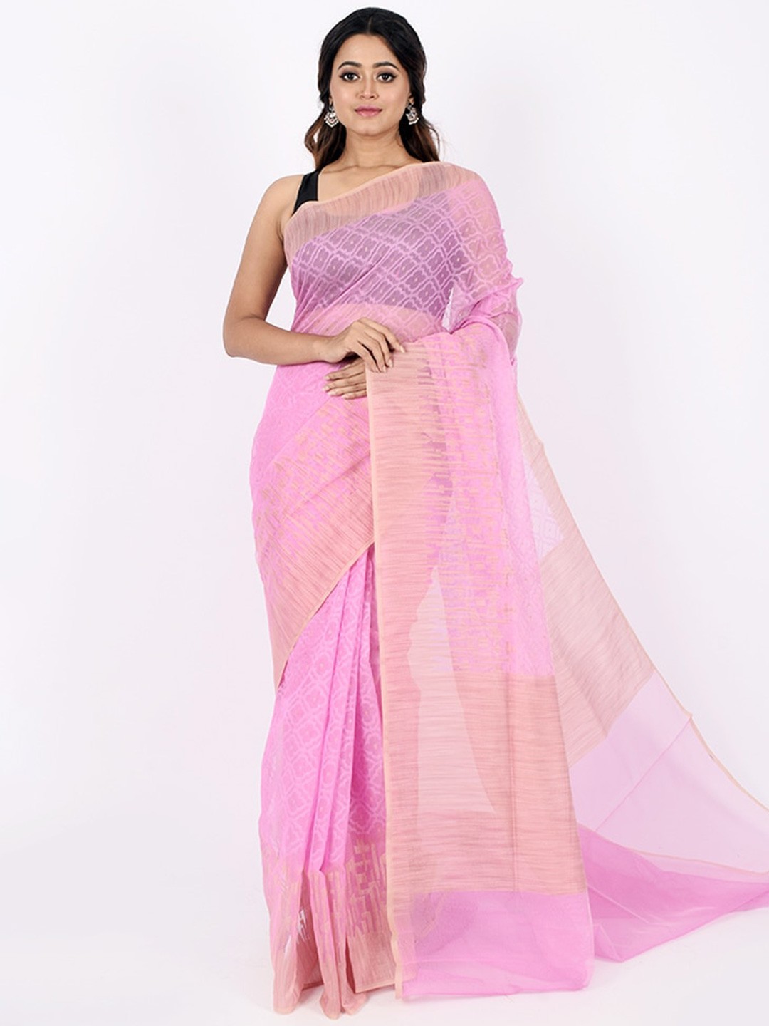 

AllSilks Pink & Brown Woven Design Zari Net Saree