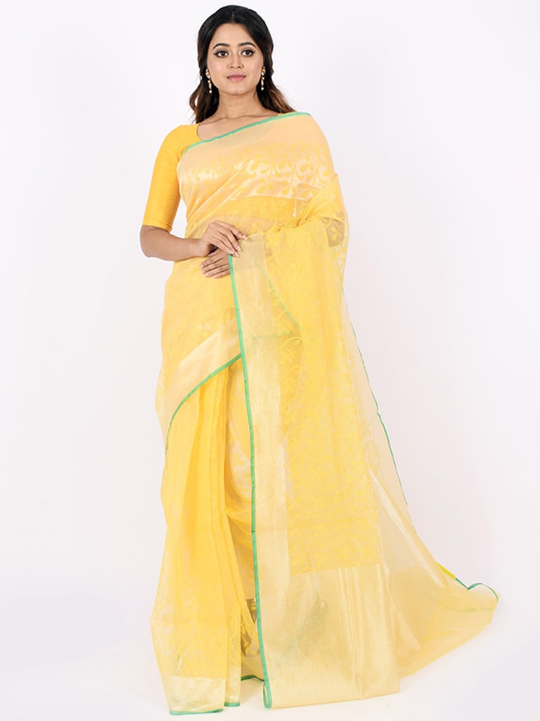 

AllSilks Yellow & Green Woven Design Zari Net Saree