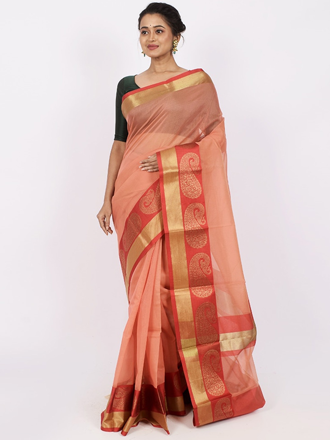 

AllSilks Peach-Coloured & Gold-Toned Woven Design Zari Silk Cotton Saree