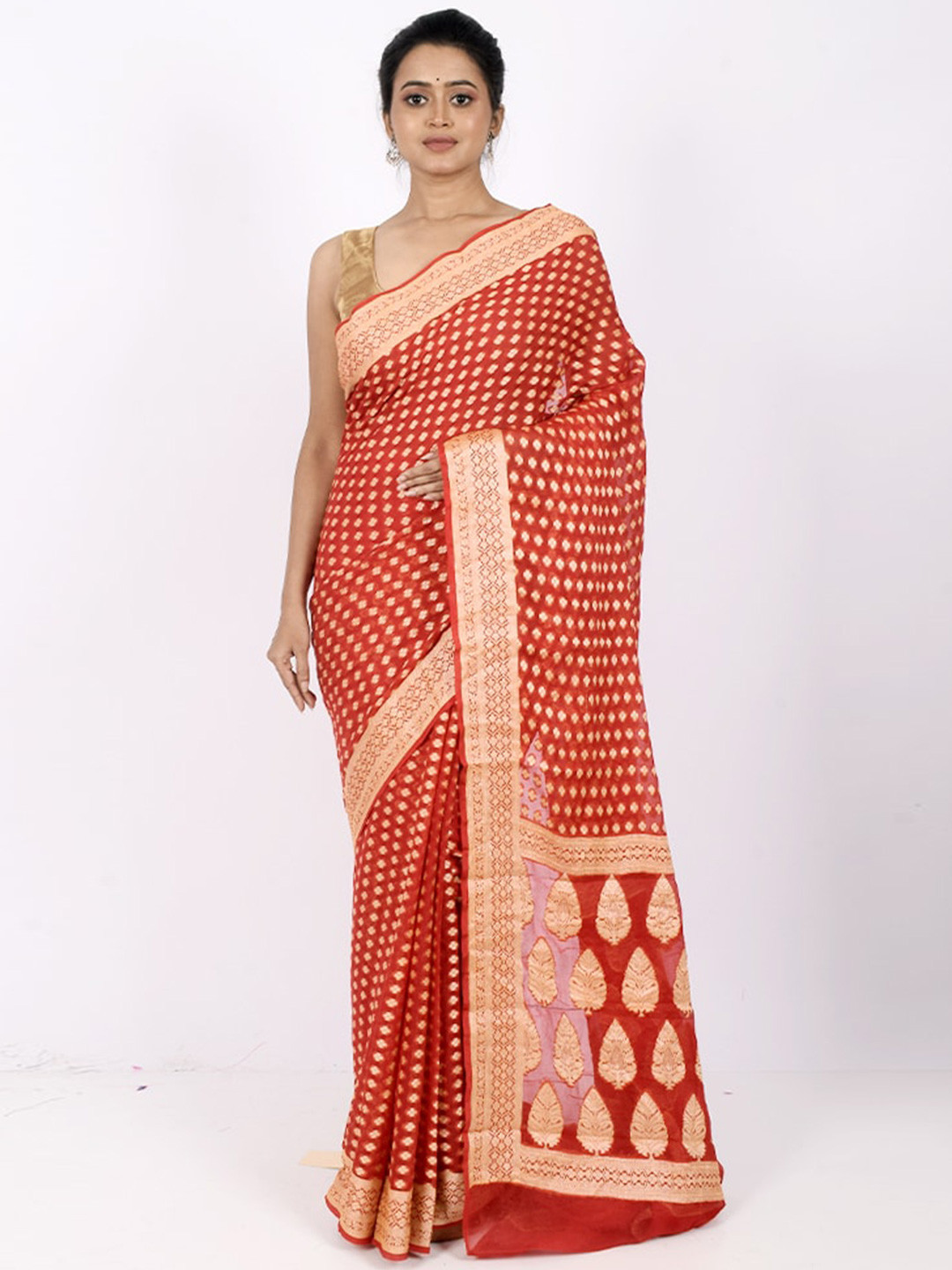 

AllSilks Orange & Gold-Toned Woven Design Zari Pure Georgette Saree