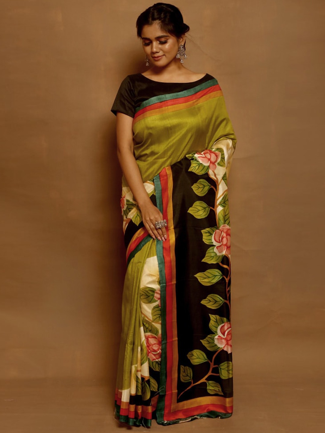 

AllSilks Green & Black Floral Pure Silk Saree