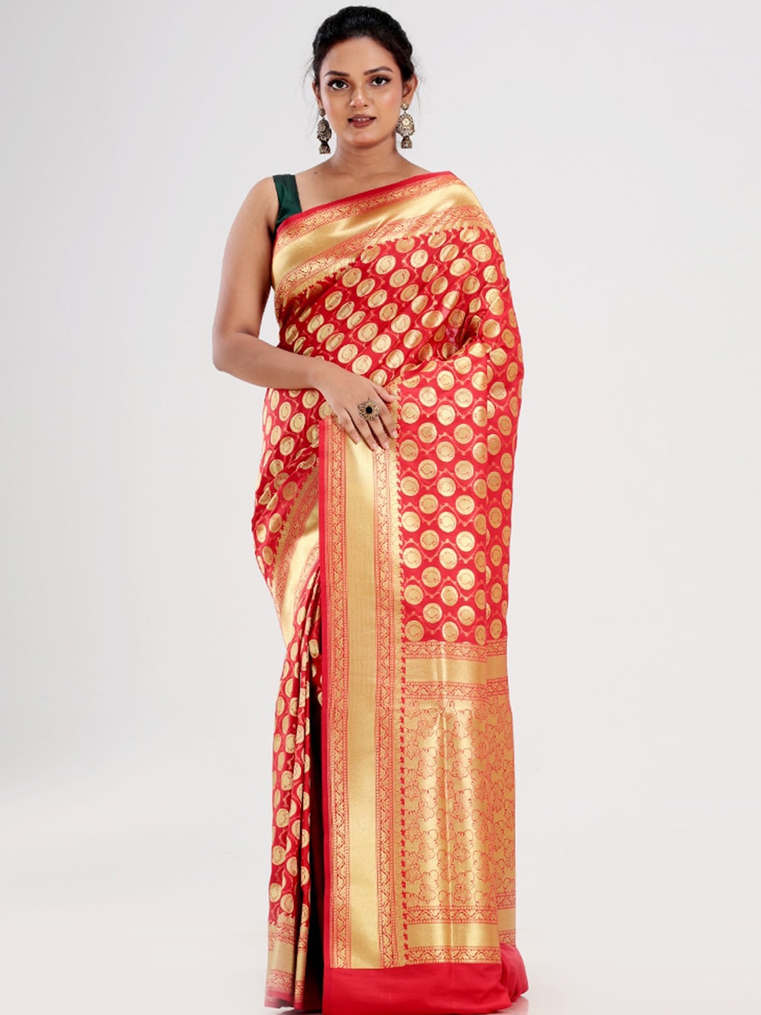 

AllSilks Red & Gold-Toned Woven Design Zari Silk Blend Uppada Saree