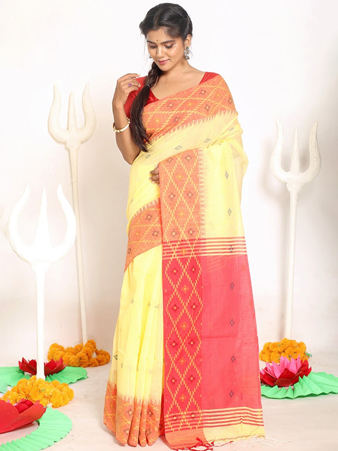 

AllSilks Yellow & Red Woven Design Zari Silk Blend Saree