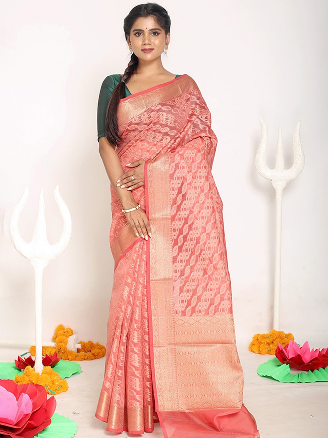 

AllSilks Pink & Gold-Toned Woven Design Zari Silk Cotton Saree