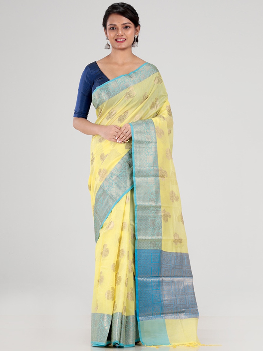 

AllSilks Yellow & Blue Woven Design Zari Silk Cotton Saree