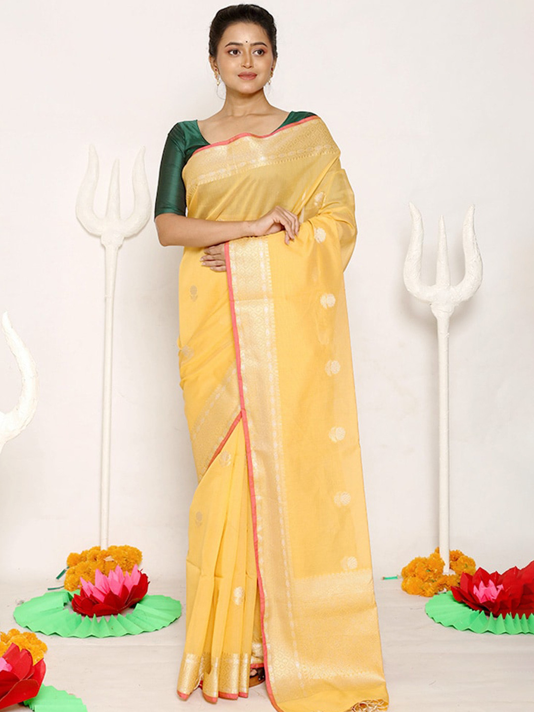 

AllSilks Yellow & Gold-Toned Woven Design Zari Silk Cotton Saree