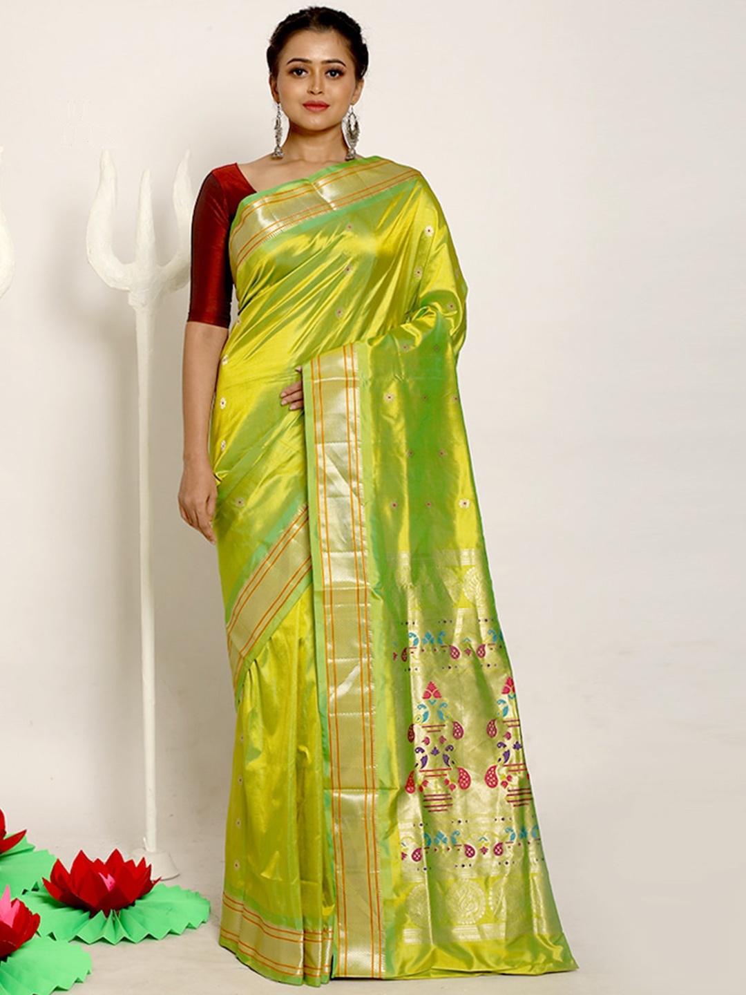 

AllSilks Lime Green & Red Woven Design Zari Pure Silk Kanjeevaram Saree