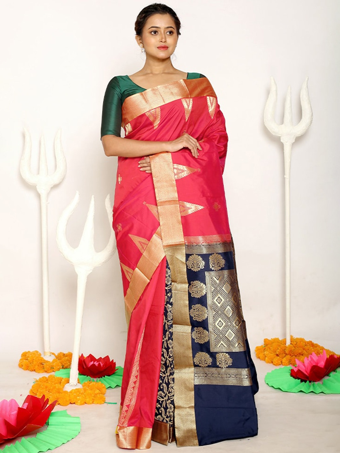 

AllSilks Red & Blue Woven Design Zari Silk Blend Kanjeevaram Saree