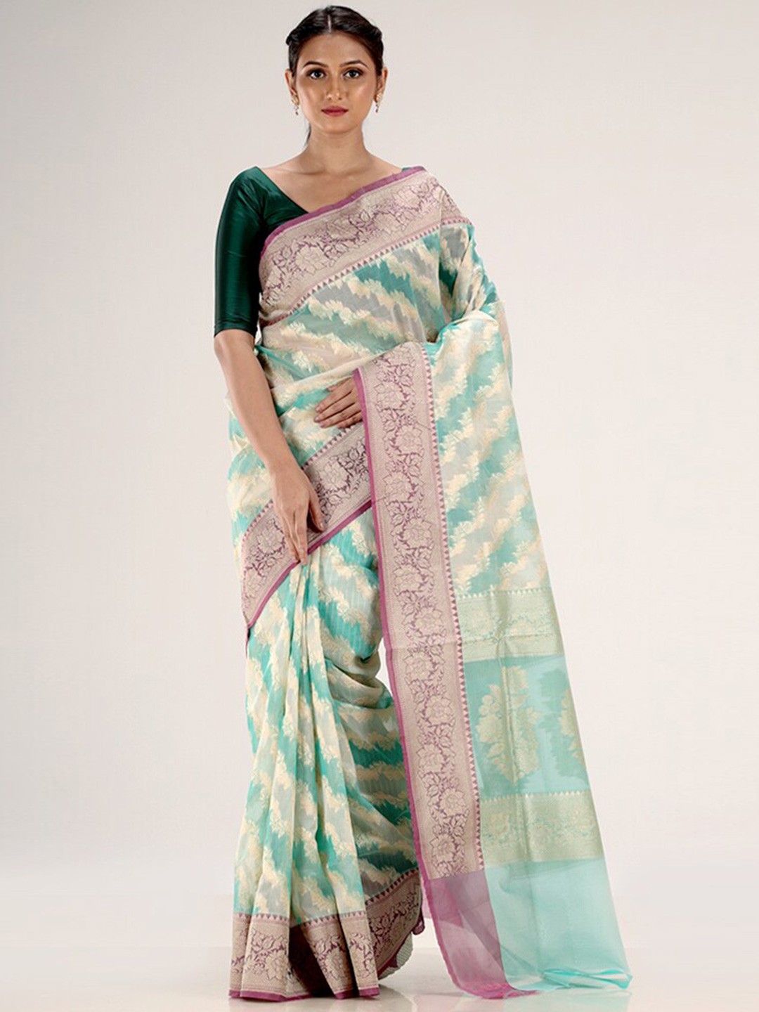 

AllSilks Blue & Pink Woven Design Zari Silk Cotton Saree