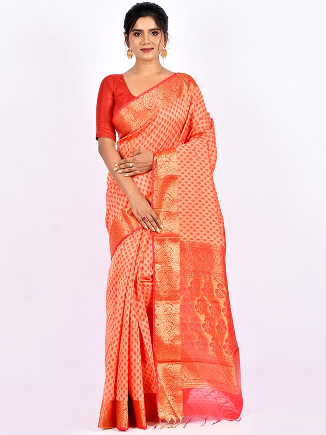 

AllSilks Pink & Gold-Toned Woven Design Zari Pure Cotton Saree