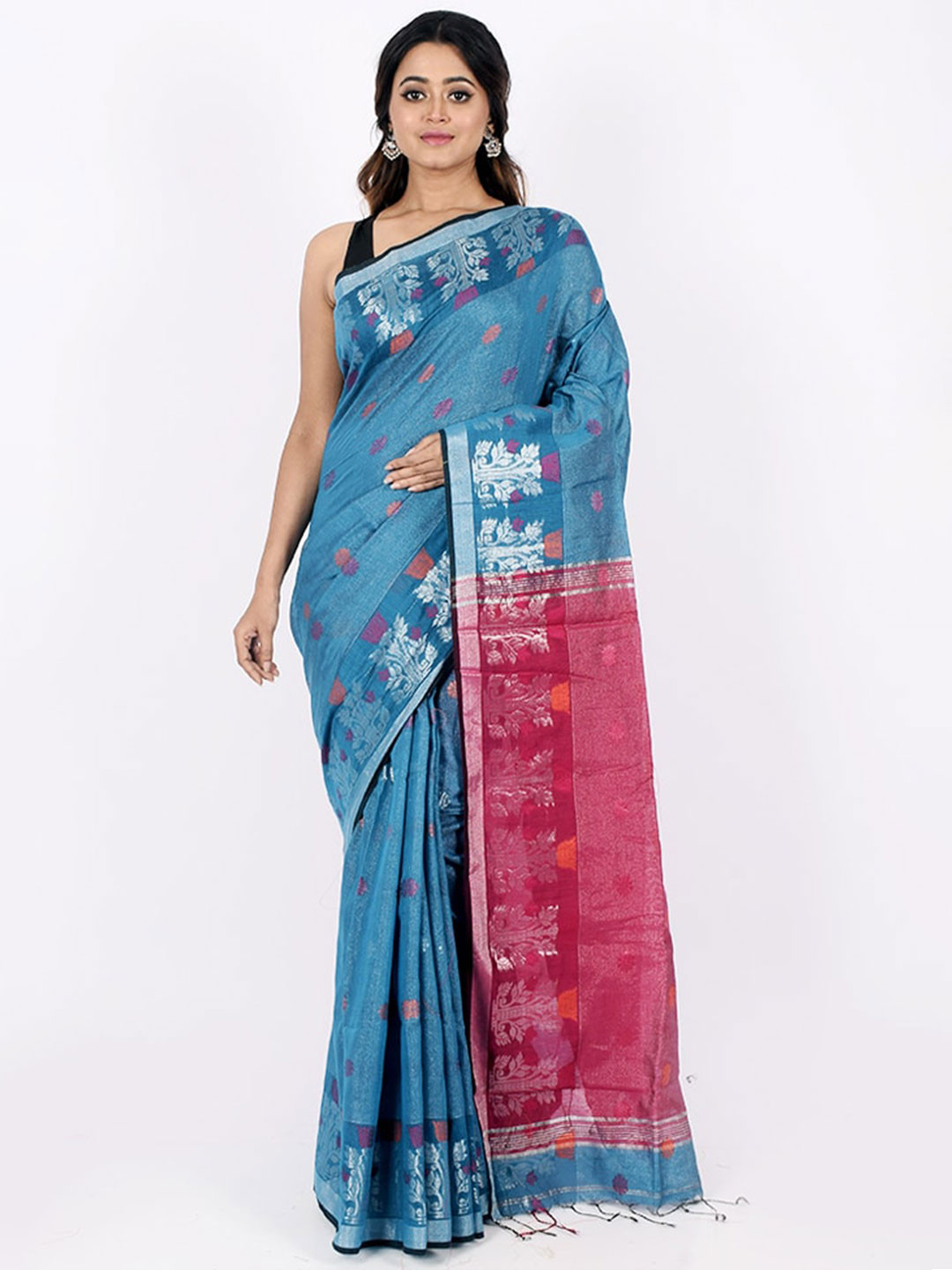 

AllSilks Blue & Pink Woven Design Zari Silk Blend Saree