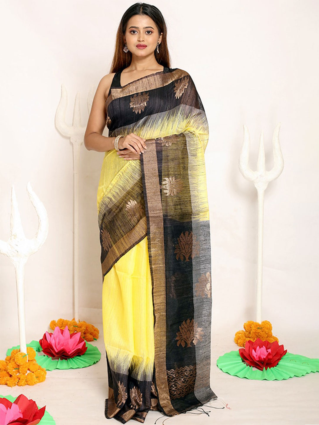 

AllSilks Yellow & Black Woven Design Zari Pure Silk Saree