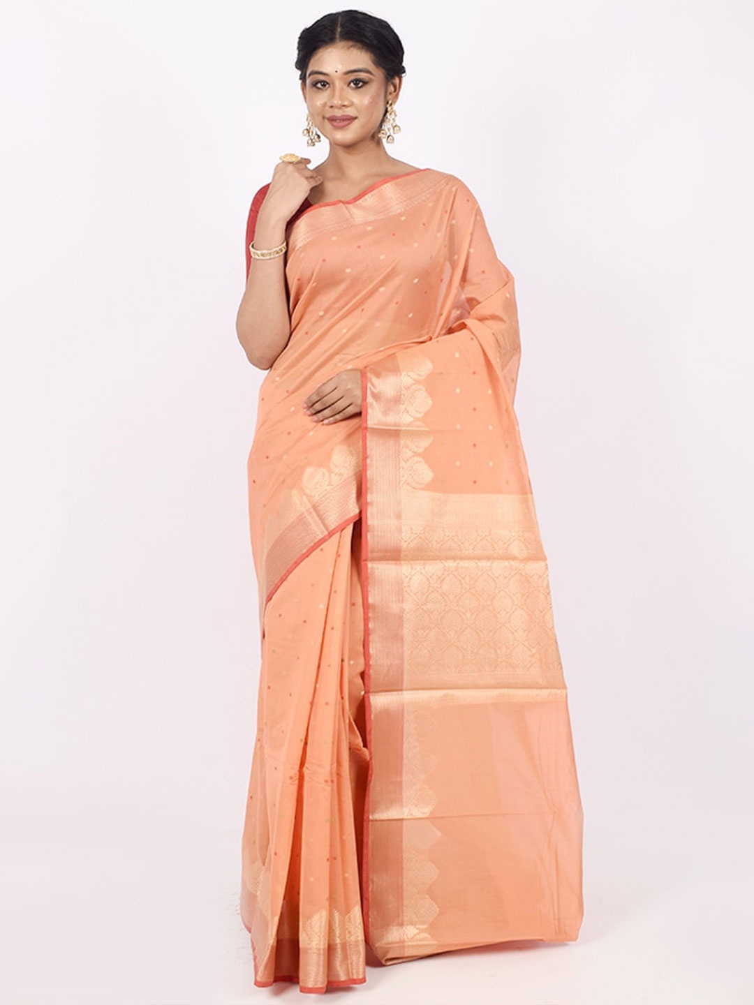 

AllSilks Peach-Coloured & Gold-Toned Woven Design Silk Cotton Saree