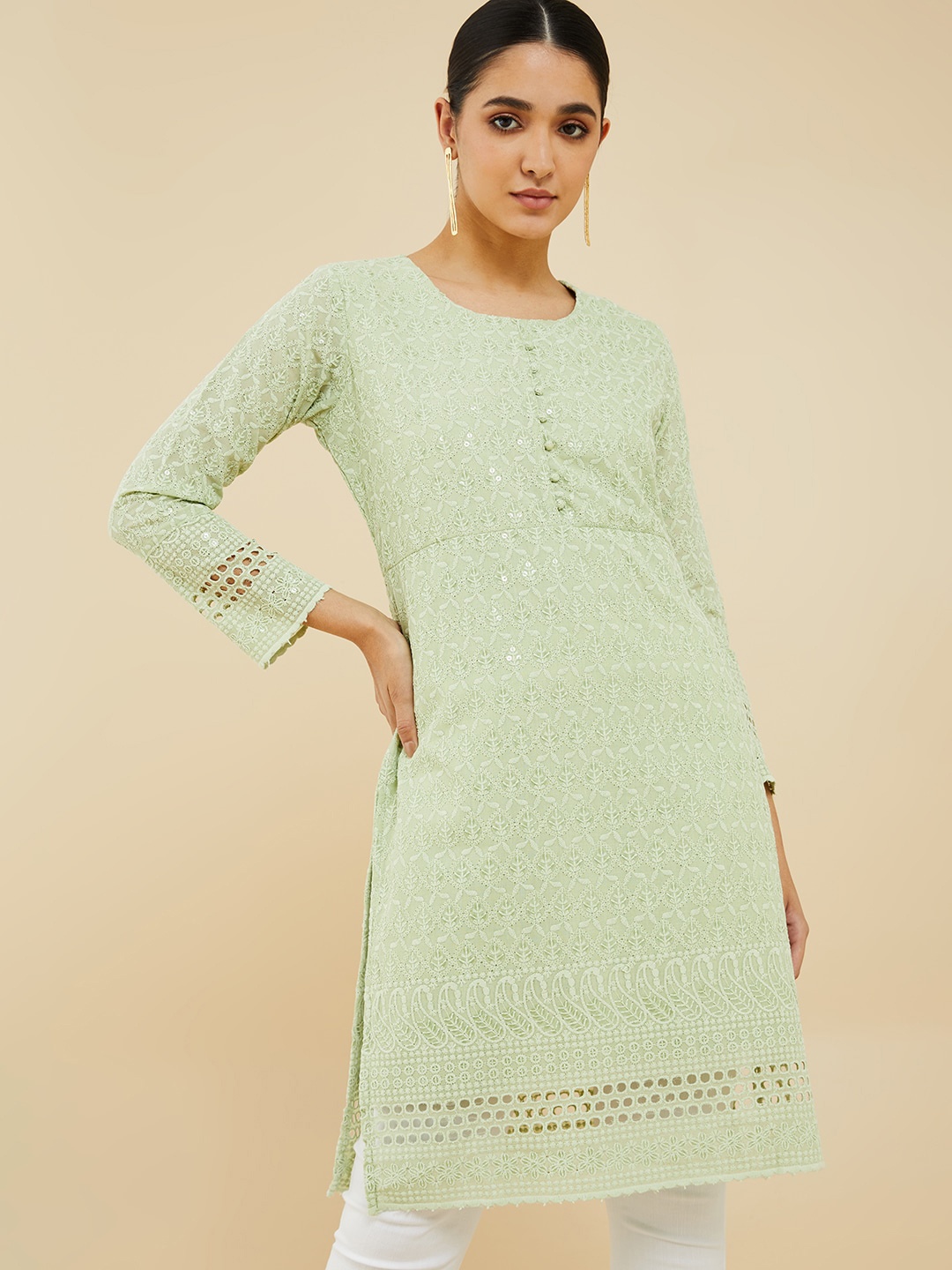 

Soch Ethnic Motifs Sequinned A-line Cotton Kurta, Green