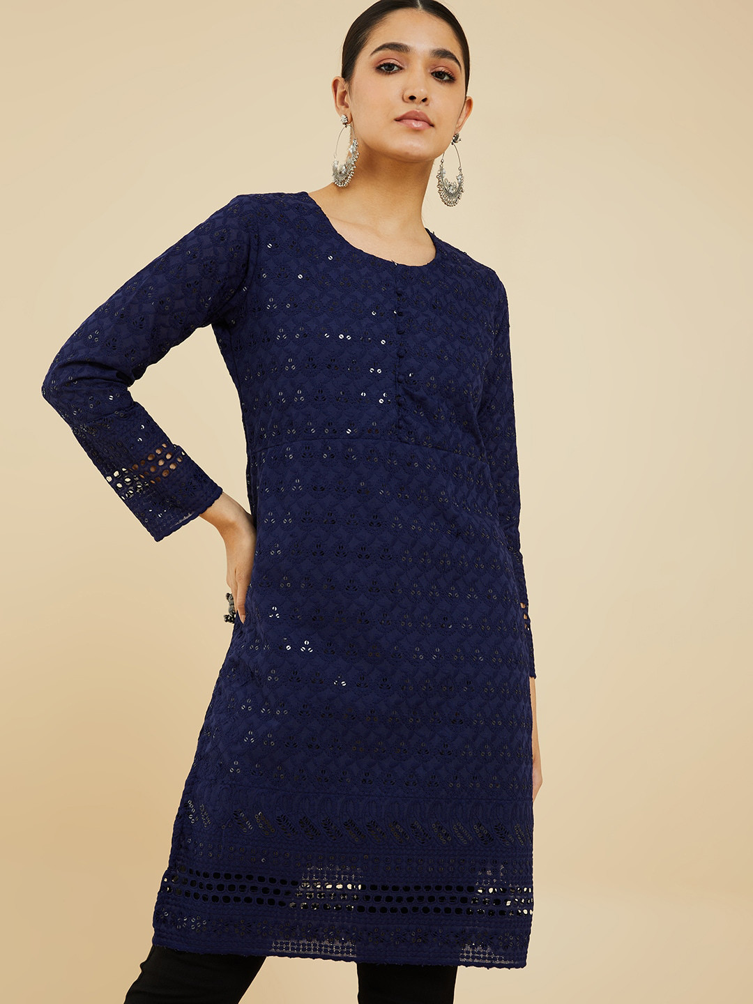 

Soch Ethnic Motifs Sequinned Cotton Kurta, Navy blue