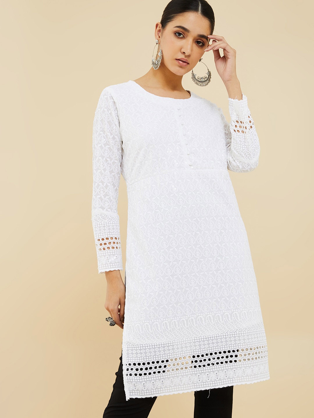 

Soch Ethnic Motifs Embroidered Chikankari Cotton Straight Kurta, White