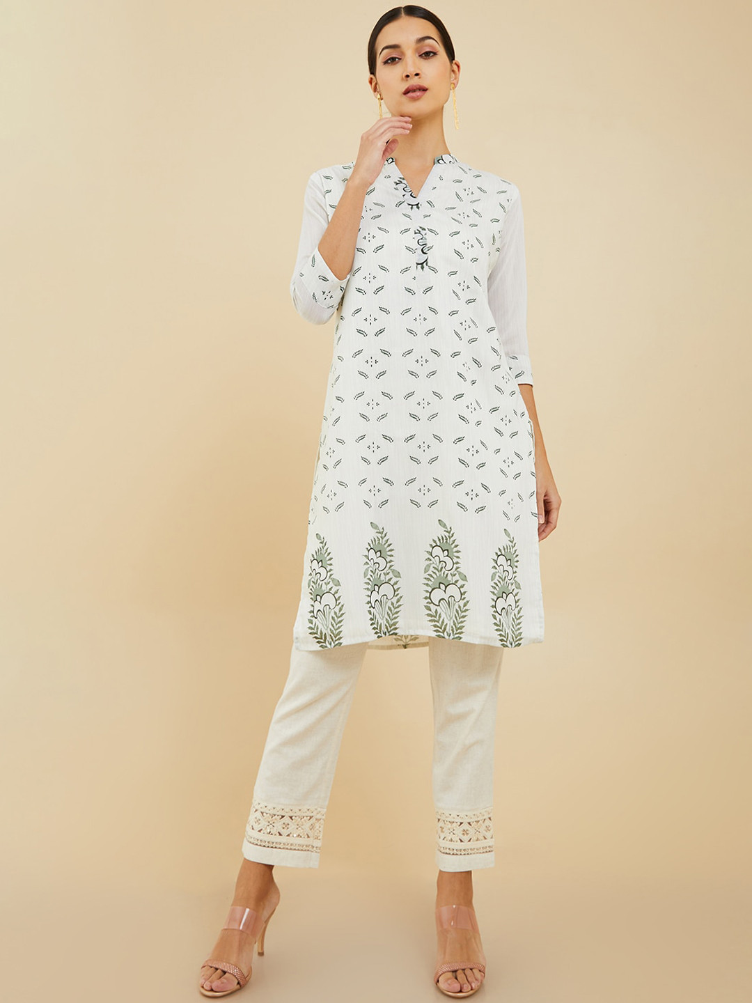 

Soch Mandarin Collar Ethnic Motifs Printed Thread Work Cotton Kurta, Cream