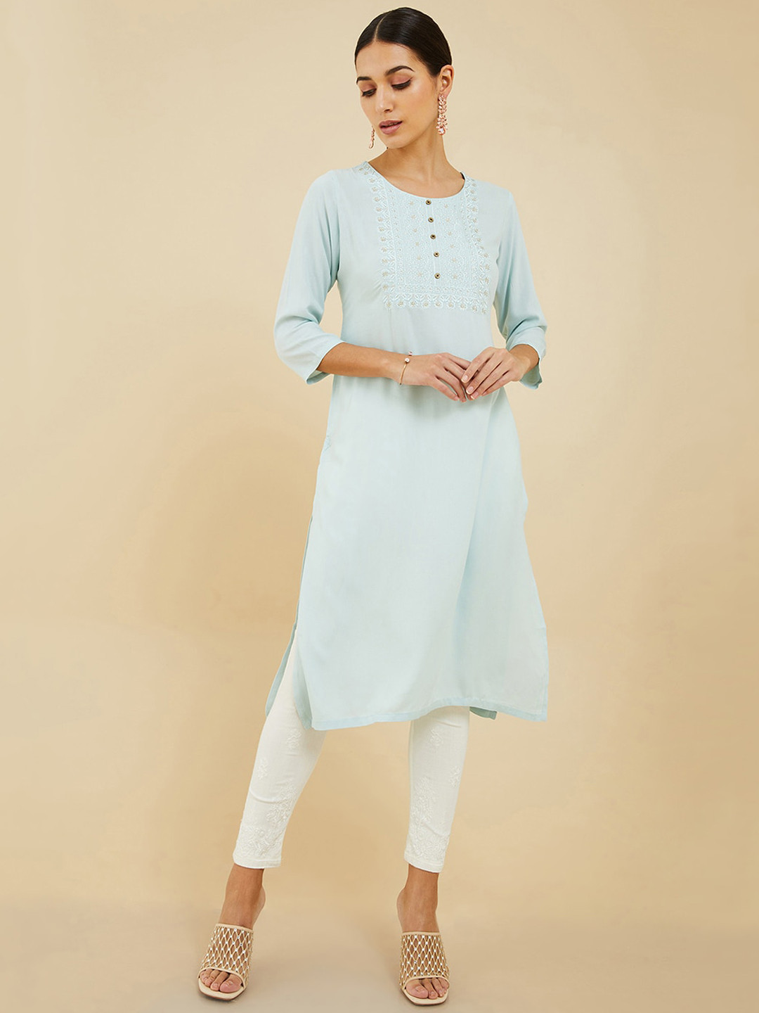 

Soch Round Neck Thread Work Straight Yoke Design Kurta, Blue