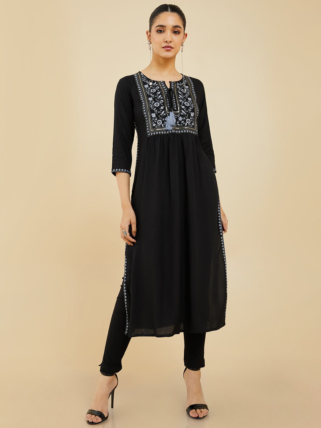 

Soch Floral Yoke Design Thread Work A-LineRegular Kurta, Black