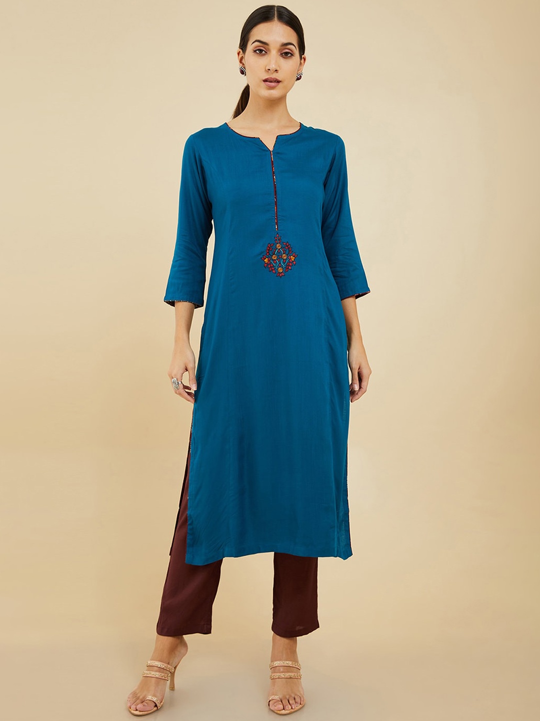 

Soch Notched Neck Thread Work Straight Kurta, Blue